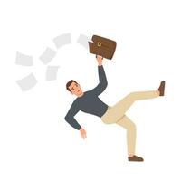 Falling man office employee slipped on banana peel and scattered documents from briefcase. Unfortunate guy slipped due to leftover food lying on ground and risks getting leg or head injury. vector