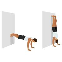 Man doing handstand on the wall exercise. vector