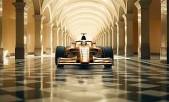 AI generated a man drives a racing car through an empty hallway photo