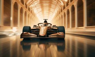 AI generated a man drives a racing car through an empty hallway photo