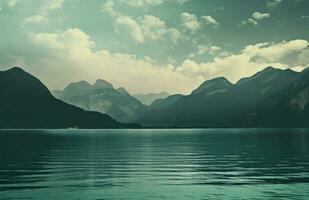 ai generado un lago con el montañas y agua rodeando eso foto