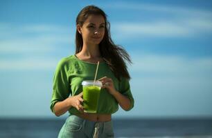 ai generado niña Bebiendo un verde jugo en el playa foto