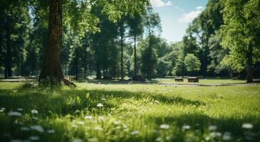 ai generado verde césped cerca arboles en un soleado parque foto