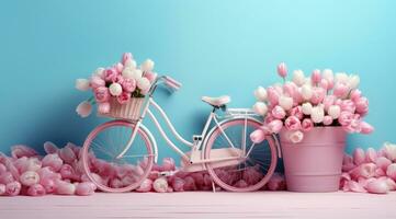 ai generado un rosado bicicleta con cesta de tulipanes en frente de azul pared foto