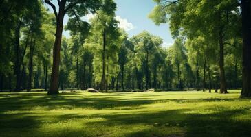 AI generated green grass near trees in a sunny park photo