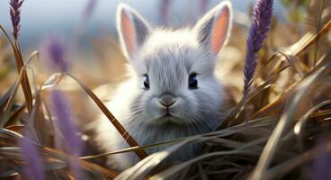 AI generated a white bunny behind a pile of grass photo