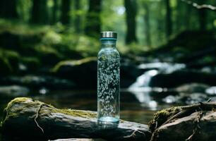 AI generated pure water bottle with water falling on it in natural environment photo