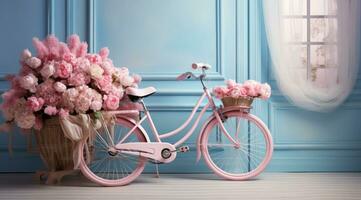 AI generated pink bicycle with tulips for spring photo