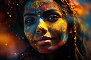 ai generado el hermosa mujer pintura su cara con vistoso holi pintar foto