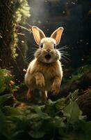 AI generated photo of adorable rabbit running through woods