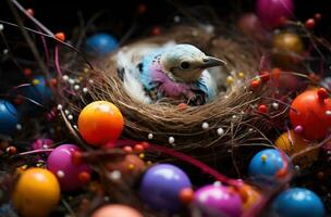 AI generated one bird rests in a nest with two white eggs and feathers photo