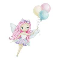 Cute little fairy with a air balloons and light blue wings. Isolated watercolor illustration for kid's goods, clothes, postcards, baby shower and children's room vector