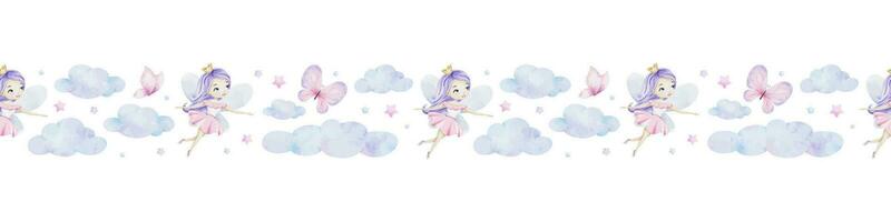 Cute little fairy with magic wand, stars, clouds and butterflies. Watercolor seamless border for children's goods, clothes, postcards, baby shower and nursery, fabric vector