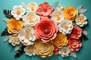 AI generated colorful paper flowers with blank white paper on a yellow background photo