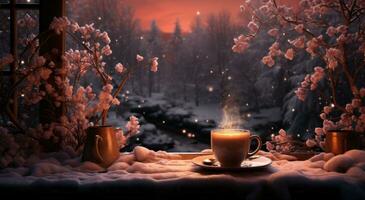 AI generated snowy forest with warm mulled cider sitting on a window sill photo