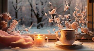 AI generated snowy forest with warm mulled cider sitting on a window sill photo