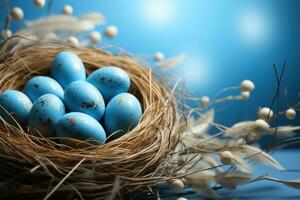 AI generated colorful eggs in a nest on a blue background photo