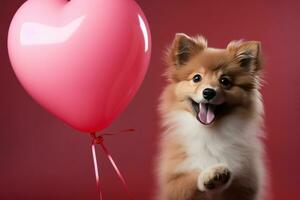 AI generated dog holding pink heart heart shaped balloon photo