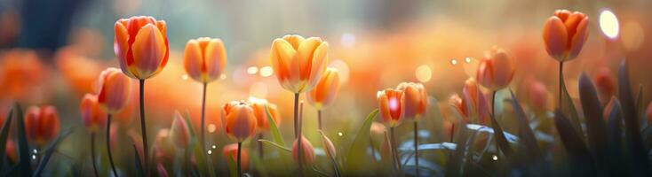 AI generated red and orange tulips bloom in a small grove with other trees, photo