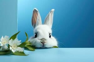 AI generated white rabbit peeking at something through a blue background photo