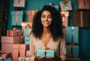 AI generated young woman with presents in hand smiling on pink background photo