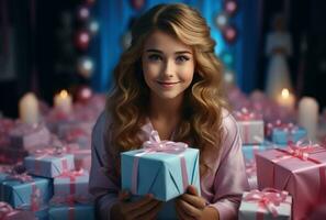 AI generated happy young girl holding gift wrap boxes photo