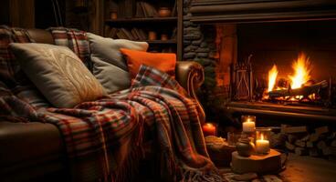 AI generated warm blanket positioned in front of fireplace photo