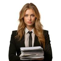 AI generated Business woman in jacket with documents in hands isolated. photo