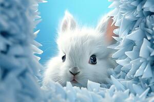 ai generado blanco Conejo echar un vistazo a alguna cosa mediante un azul antecedentes foto