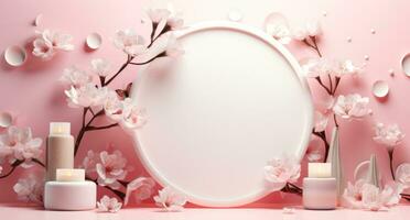 AI generated white table, frame, leaf, floating flowers and rose petals photo