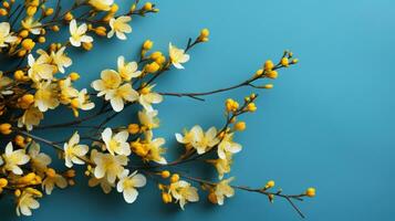 AI generated misha branch with yellow flowers on a blue background animation photo