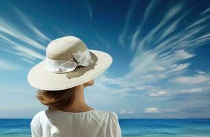 ai generado mujer vistiendo un sombrero y mirando a mar hembra foto