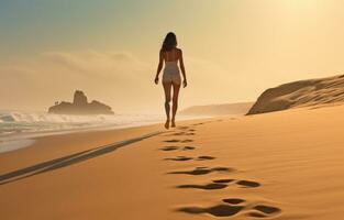 ai generado mujer caminando a lo largo el playa con huella en el arena foto