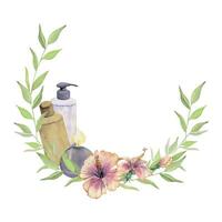 Hand drawn watercolor spa skincare bath beauty products package with flowers and leaves. Frame border. Isolated on white background. Design for wellness resort, print, fabric, cover, card, booklet. vector