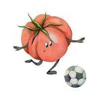 Hand drawn watercolor tomato character playing soccer football, kicking ball practice. Fitness health. Illustration isolated composition, white background. Design for poster, print, website, card, gym vector
