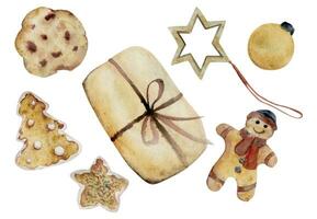 Hand drawn watercolor illustration. Craft gift box with ribbon, homemade shortbread cookies, gingerbread man, tree, bauble. Composition isolated on white background. For shop, logo, print, paper, card vector