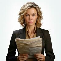 AI generated Business woman in jacket with documents in hands isolated. photo