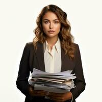 AI generated Business woman in jacket with documents in hands isolated. photo