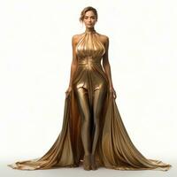 AI generated Girl in a beautiful golden long evening dress isolated photo