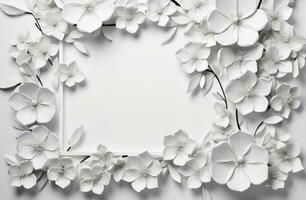 AI generated white frame of flowers with flowers on a grey background photo