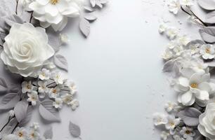 AI generated white frame of flowers with flowers on a grey background photo