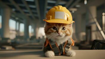 AI generated a cat wearing an orange and yellow hard hat photo