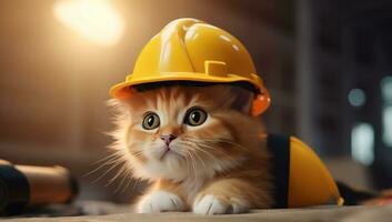 AI generated a cat wearing an orange and yellow hard hat photo