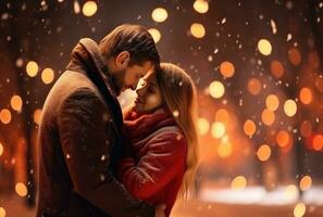 AI generated a man and woman hugging in the snow outside in an autumn park hug photo