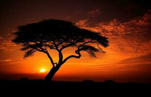 ai generado un silueta acacia árbol en contra el cielo foto