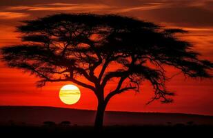 ai generado un silueta acacia árbol en contra el cielo foto