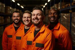 ai generado un grupo de almacén trabajadores son riendo foto