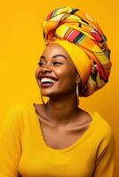 ai generado un sonriente africano mujer vistiendo un vistoso sombrero en un amarillo antecedentes foto