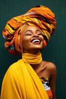 ai generado un sonriente, vistoso africano mujer vistiendo un cabeza bufanda foto