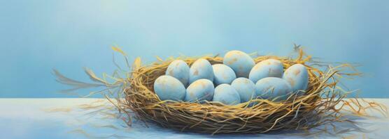 ai generado un cesta de azul huevos es metido en un azul antecedentes foto